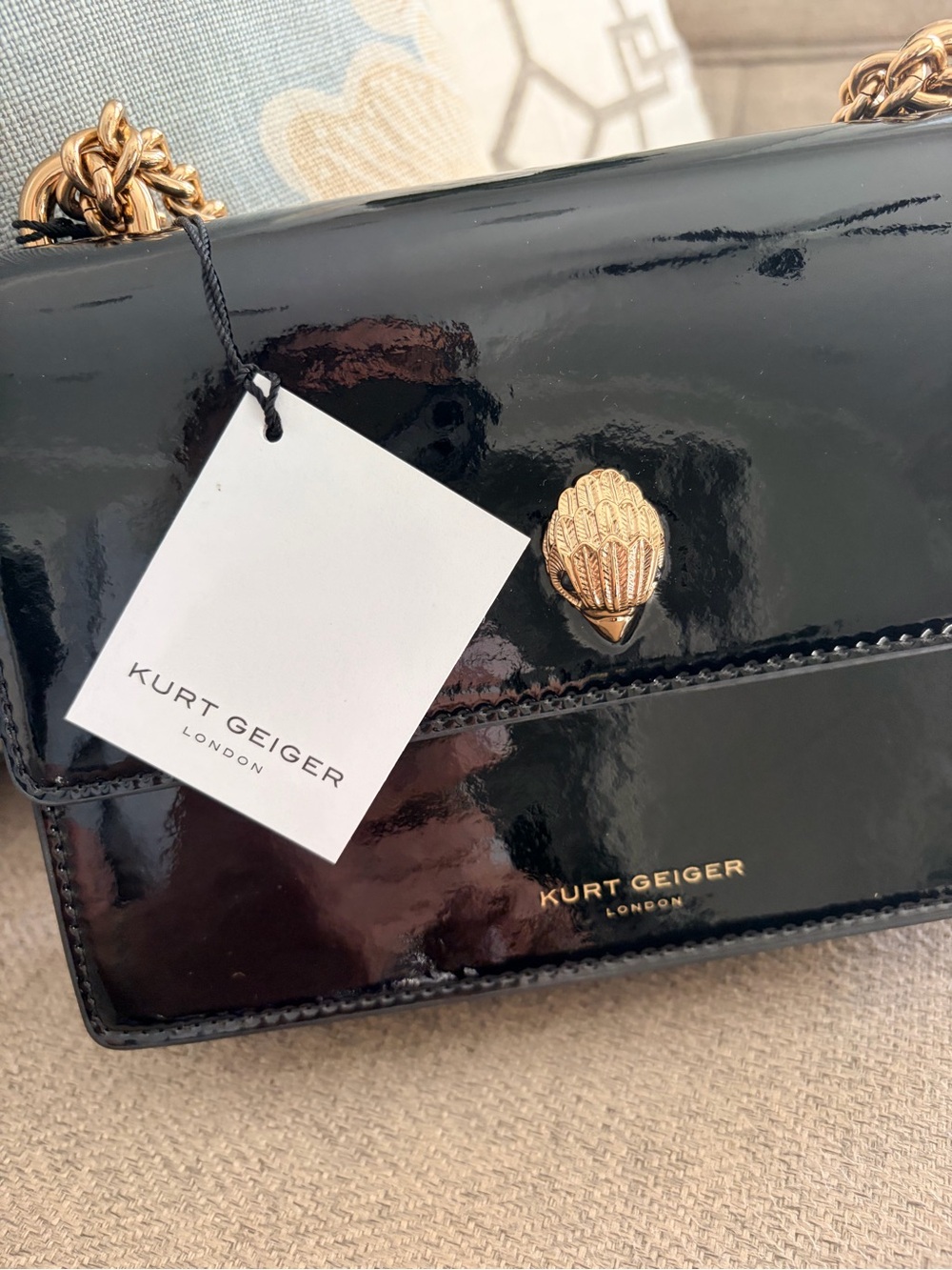 Kurt Geiger Black Patent Leather Crossbody with Gold Shell Clasp - Picture 9 of 10